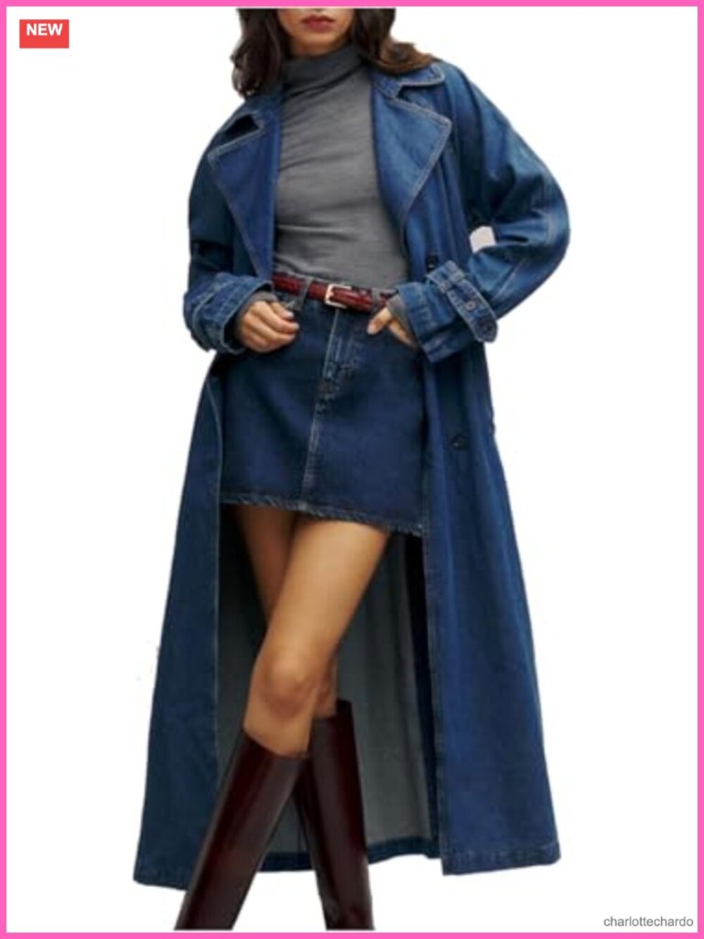 Women's Denim Trench Coat Midi Overcoat Long Sleeve Notch Lapel Belted